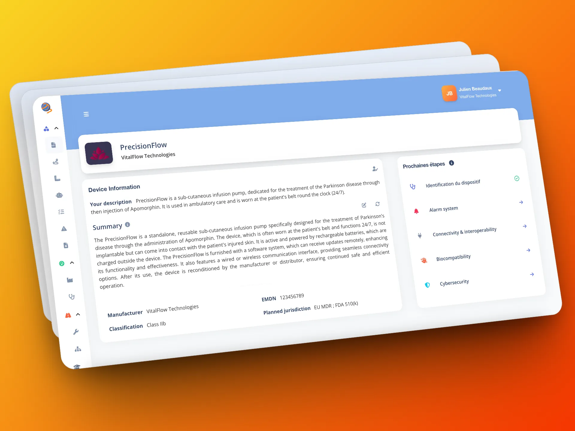 Gordios dashboard showing a risk management tool for medical device compliance.